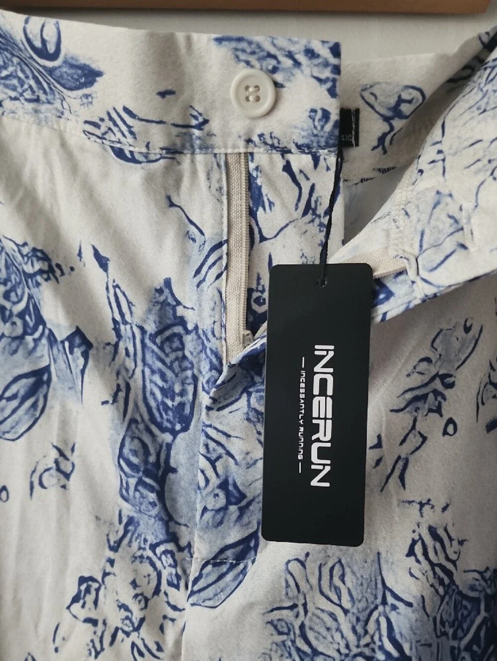 Men's White Floral Dress Pants with Blue Print